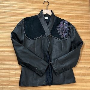 Vintage Black Genuine Leather & Suede Embellished Blazer Jacket Size 8
